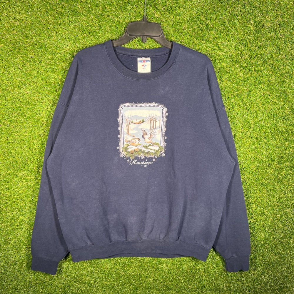 Vintage‎ Jerzees Montana Winter Bird Graphic Sweatshirt Navy Blue XL 90s 4518